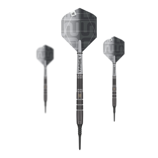 Freccette morbide Target Nathan Aspinall X Echo - 18 g Das Bild zeigt drei Target Nathan Aspinall X Echo Softdarts mit einem Gewicht von 18g. Die Darts haben ein modernes, silbergraues Design und sind deutlich mit dem Markennamen "TARGET" beschriftet.