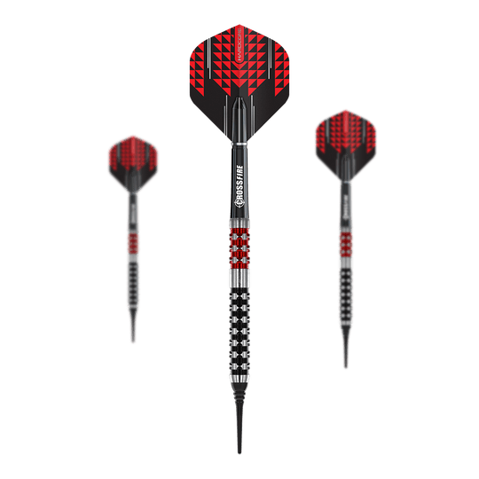 Freccette morbide Red Dragon Crossfire - 20g Das Bild zeigt drei Softdarts des Modells "Red Dragon Crossfire" mit einem Gewicht von 20g. Die Darts haben schwarze und rote Flights sowie ein silber-schwarzes Barrel mit roten Akzenten.