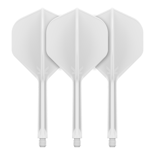 Target K-Flex No2 Standard Flight System - Bianco Auf dem Bild sind drei weiße Dartflights mit Schaft zu sehen. Sie stehen nebeneinander und haben eine klassische, standardmäßige Form.