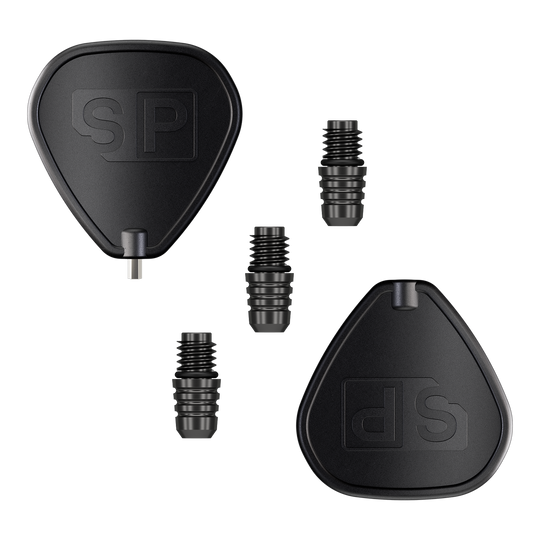 Convertitore Target Swiss Point 2BA - Nero Das Bild zeigt den Target Swiss Point 2BA Converter in Schwarz. Es sind zwei schwarze Adapter und drei kleine Verbindungsteile abgebildet.
