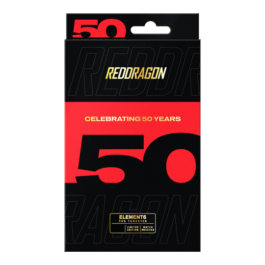 Red Dragon 50 Year Collection Element 6 C Steel Darts - 25 g Red Dragon 50 Year Collection Element 6 C Steeldarts mit 25g Gewicht. Das Bild zeigt die Darts aus der limitierten 50 Jahre Kollektion.