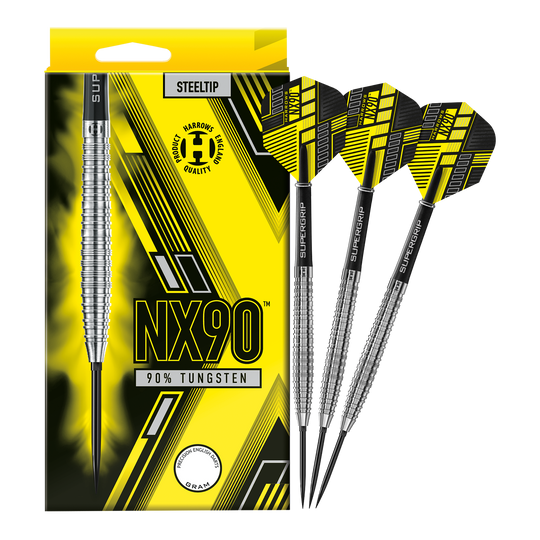 Freccette in acciaio con punta rapida conica Harrows NX90 Das Bild zeigt die Harrows NX90 Tapered Quick Point Steeldarts in voller Ansicht. Die Steeldarts sind für Präzision und Qualität bekannt.