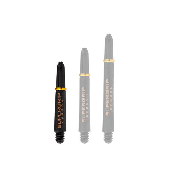 HR351_Harrows_Supergrip_Carbon_Shafts_Gold_33mm_1 Das Bild zeigt drei Harrows Supergrip Carbon Shafts in der Farbe Gold in unterschiedlichen Längen. Die Dartschäfte sind schwarz mit goldenen Akzenten und der Aufschrift "Supergrip Carbon".