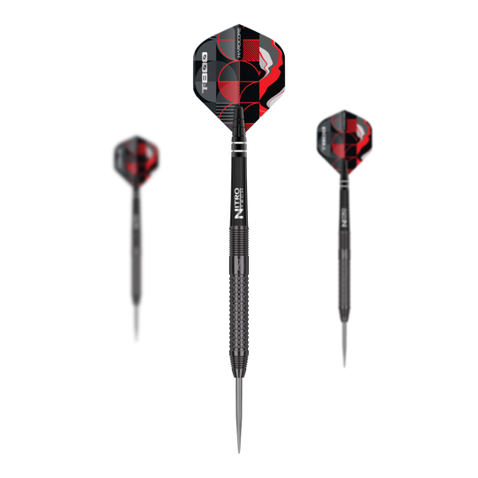Dardi d'acciaio Red Dragon T-800 Das Bild zeigt drei Red Dragon T-800 Steeldarts mit schwarzem Schaft und rot-schwarzen Flights. Die Darts sind modern und robust gestaltet, ideal für Präzisionswürfe.
