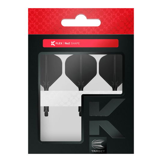 Target K-Flex No2 Standard Flight System - Nero Die Abbildung zeigt eine Verpackung mit drei schwarzen Dartflights der Marke Target in No2-Form. Die Verpackung ist hauptsächlich schwarz mit einem roten oberen Bereich und einem Sichtfenster, das die Flights präsentiert.