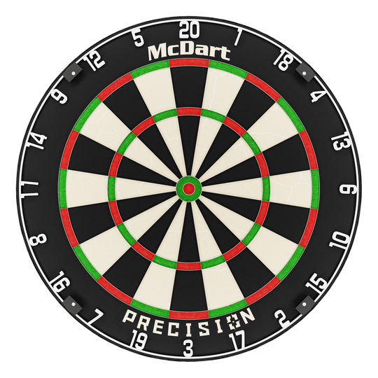 Bersaglio per freccette in acciaio di precisione McDart Das Bild zeigt eine McDart Precision Steeldartboard. Die Scheibe ist schwarz, weiß, rot und grün gefärbt und hat gut sichtbare Zahlen am Rand.