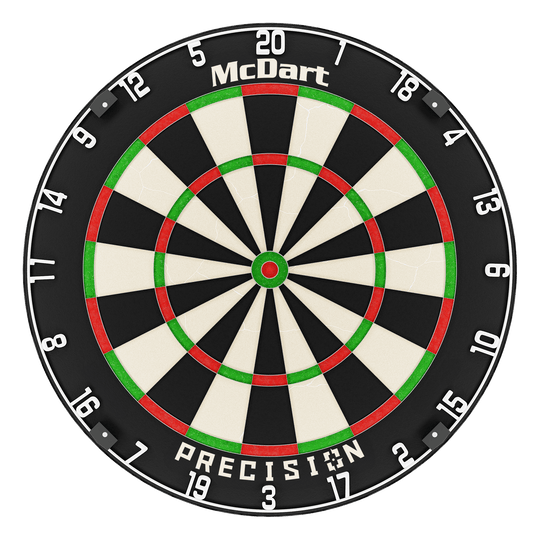 Bersaglio per freccette in acciaio di precisione McDart McDart Precision Steeldartboard ist auf dem Bild zentral dargestellt. Die Dartsegmente sind schwarz und weiß.