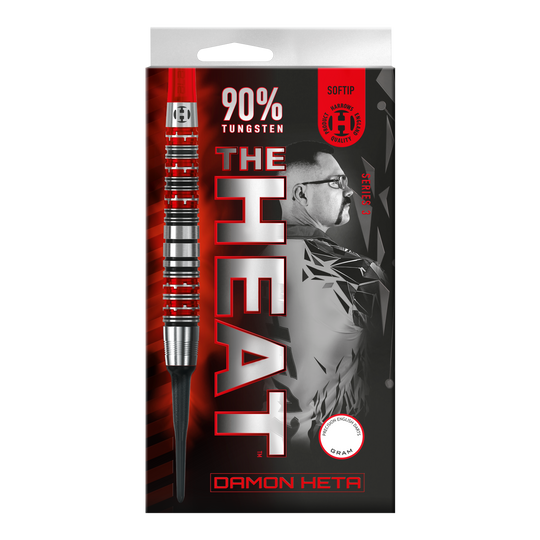 Freccette morbide Damon Heta Series 3 di Harrow Die Abbildung zeigt die Verpackung der "Harrows Damon Heta Series 3 Softdarts". Auf der Verpackung stehen "90% Tungsten" und ein Porträt von Damon Heta im Hintergrund.