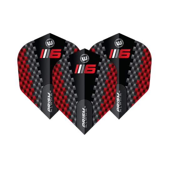 Voli Winmau Prism Alpha Blade 6 Chevron No6 Das Bild zeigt drei Dart-Flights des Modells "Winmau Prism Alpha Blade 6 Chevron No6". Die Flights haben ein schwarzes Design mit roten und silbernen Karomustern sowie der Aufschrift „6“ und „PRISM ALPHA“.