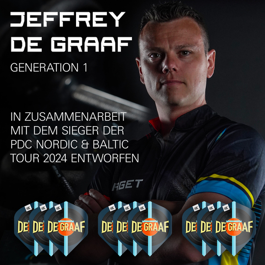 Target Pro Ultra Jeffrey De Graaf GEN1 No2 Standard Flights - 3 set Das Bild zeigt Jeffrey de Graaf neben dem Produkt "Target Pro Ultra Jeffrey De Graaf GEN1 No2 Standard Flights - 3 Sets". Unten im Bild sind die drei Sätze der Flights mit dem Aufdruck "DE GRAAF" zu sehen.