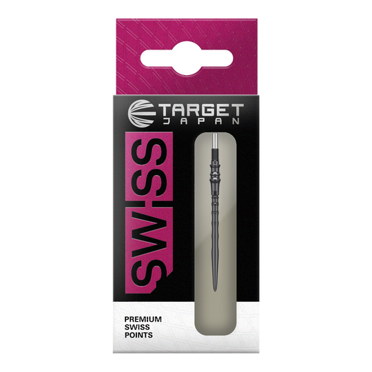 Punte per freccette Target Japan Premium Swiss Point in acciaio - Nere Das Bild zeigt die Target Japan Premium Swiss Point Steldartspitzen - Schwarz. Es handelt sich um hochwertige Steeldartspitzen für präzises Dartspiel.