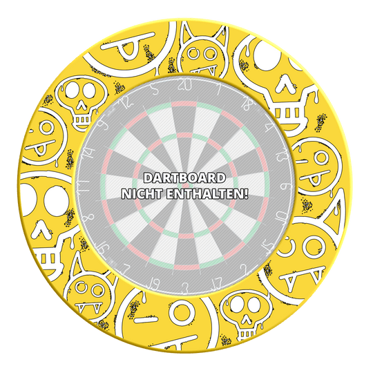McDart Graffiti Emojis Bersaglio Surround Das Foto zeigt das Produkt mit dem Dateinamen MSF-A6_McDart_Graffiti_Emojis_Dartboard_Surround_Gelb_3. Es handelt sich um einen gelben Dartboard Surround mit Graffiti Emojis.