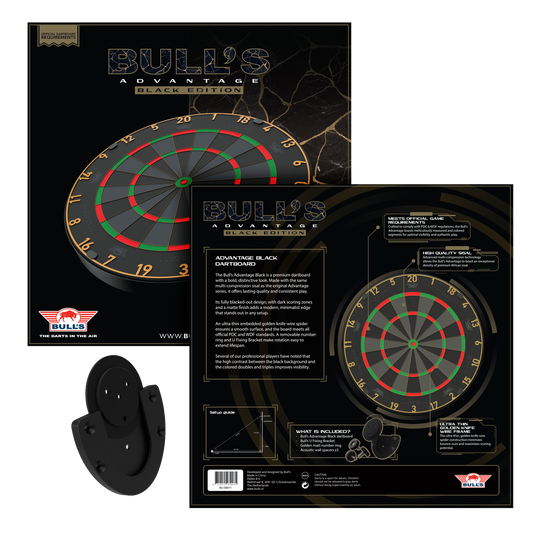 Bersaglio per freccette in acciaio Bulls NL Advantage Black Edition Das Bild zeigt das Bulls NL Advantage Black-Edition Steeldartboard. Dies ist eine schwarze Dartscheibe für Steeldart-Spiele.