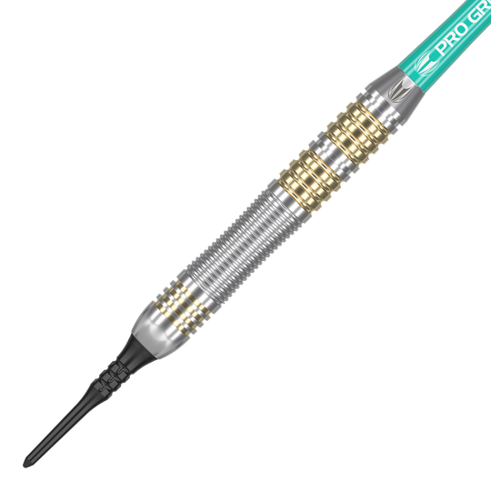 Freccette morbide Target Rob Cross in ottone - 18 g Das Bild zeigt einen Target Rob Cross Brass Softdart mit einem Gewicht von 18 Gramm. Der Dartpfeil hat ein silbernes und goldenes Rillen-Design sowie eine schwarze Kunststoffspitze.