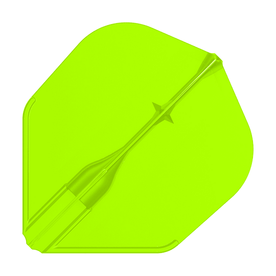 Voli L-L-Style3EZ Das Bild zeigt eine leuchtend grüne Dartflight-Flosse. Sie hat eine leicht transparente Oberfläche und eine klassische Form.