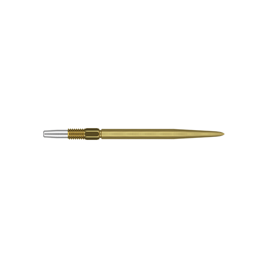 Target Swiss Point Nano Dart Tips - Oro Dies ist eine goldfarbene Dartspitze mit feiner Riffelung. Sie hat am Ende ein silbernes Verbindungsstück.
