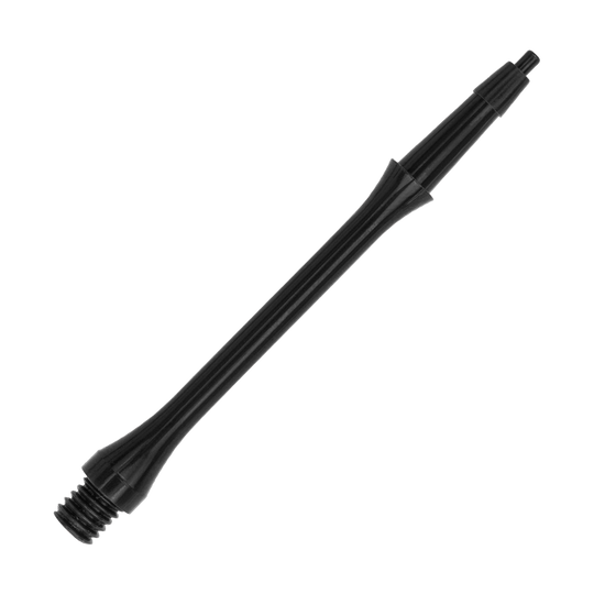 HRC-12589_Harrows_Clic_Slim_Shafts_Black_37mm_2 Das Bild zeigt einen schwarzen Harrows Clic Slim Shaft für Darts. Der Schaft hat ein schlankes, elegantes Design aus Kunststoff.