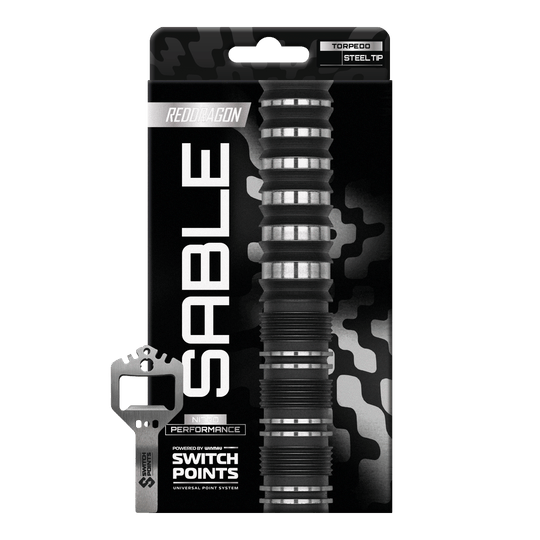 Hier sieht man die Red Dragon Sable Torpedo Switch Point Steeldarts einzeln dargestellt. Die Oberfläche und das Material der Darts sind gut zu erkennen.