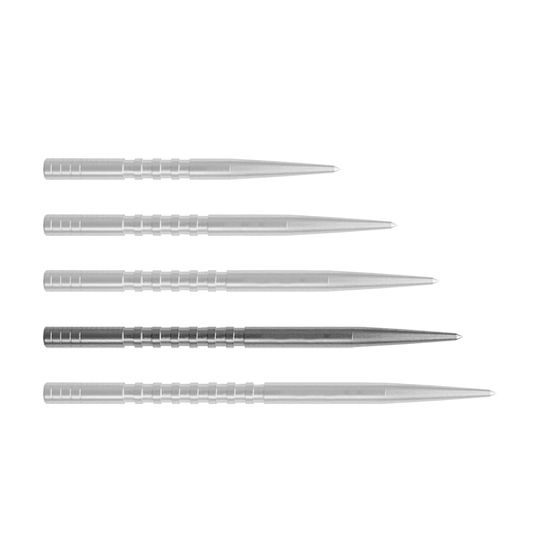 Condor Beak Point con punte di freccia tagliate Auf dem Bild sind fünf silberne Dartspitzen nebeneinander zu sehen. Sie sind lang, schmal und haben gerillte Griffbereiche.