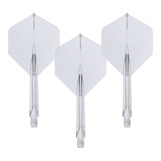 Unicorn Forge All In One Plus No2 Standard Flights Trasparente - Medio Das Bild zeigt drei klare, mittellange Unicorn Forge All In One Plus No2 Standard Flights. Sie sind durchsichtig und haben eine integrierte Flight- und Schaft-Konstruktion.