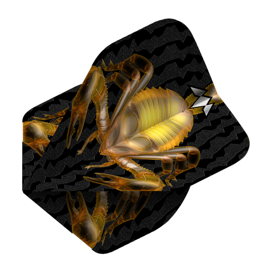 Missione Solo Scorpion No2 Voli Standard Das Bild zeigt ein schwarzes Dartflugblatt mit einem goldenen Skorpion-Design in der Mitte. Im Hintergrund sind wellenförmige Muster zu sehen.