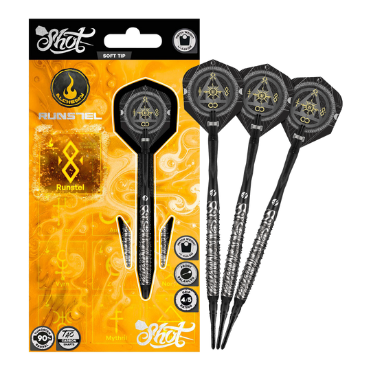 Freccette morbide Shot Alchemy Runstel - 20 g Das Bild zeigt die Shot Alchemy Runstel Softdarts mit 20 Gramm Gewicht. Die Darts sind vollständig und detailliert abgebildet.