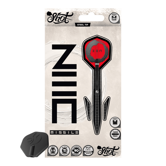 Dardi in acciaio Shot ZEN Missile Turbo Point - 23 g Das Bild präsentiert die Shot ZEN Missile Turbo Point Steeldarts - 23g. Diese sind besonders präzise und griffig gestaltet.