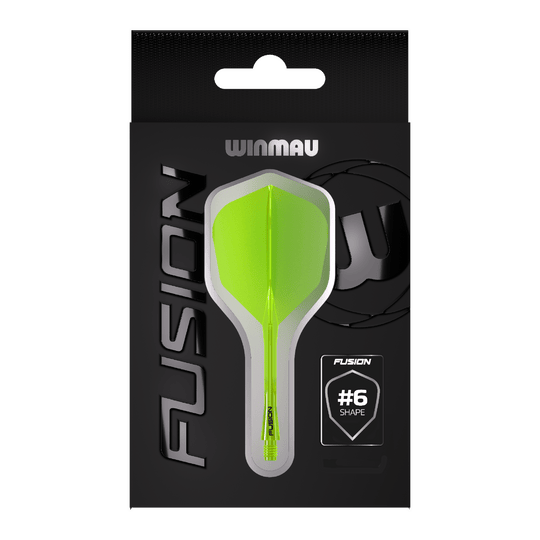 Sistema di alberi di volo a fusione Winmau n. 6 giallo neon Auf dem Bild ist eine Packung Winmau Fusion Flight Shaft System in Neon-Gelb zu sehen. In der Mitte der Verpackung befindet sich ein Flightsystem in Form #6.