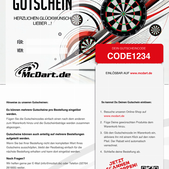 Buono - Bersagli per freccette Das Bild zeigt einen Gutschein für Dartboards von McDart.de mit einem individuellen Gutscheincode. Im Design sind mehrere Dartboards sowie Hinweise zur Einlösung des Gutscheins abgebildet.