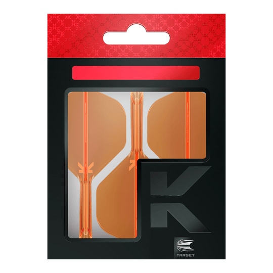Target K-Flex No2 Standard Flight System - Arancione Neon Die Abbildung zeigt eine Packung mit orangenen Dart-Flights der Marke Target. Die Verpackung ist überwiegend schwarz mit einem roten oberen Abschnitt.