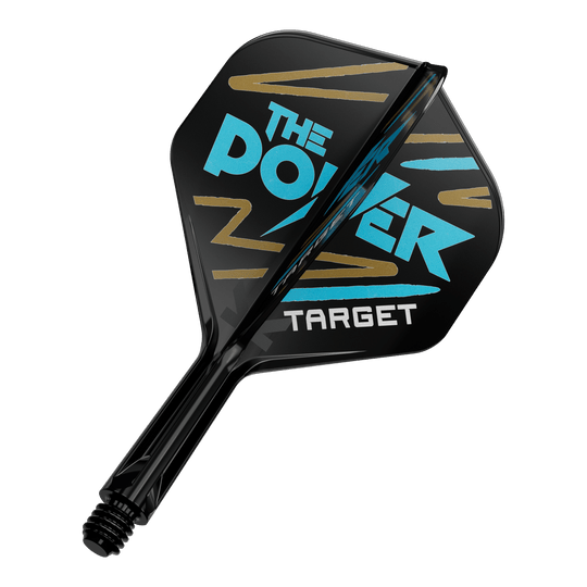 Sistema di alberi di volo standard Target K-Flex Phil Taylor No2 Das Bild zeigt einen schwarzen Dartflight mit der Aufschrift "THE POWER" in blauer Farbe. Darunter steht das Wort "TARGET" in weißer Schrift.