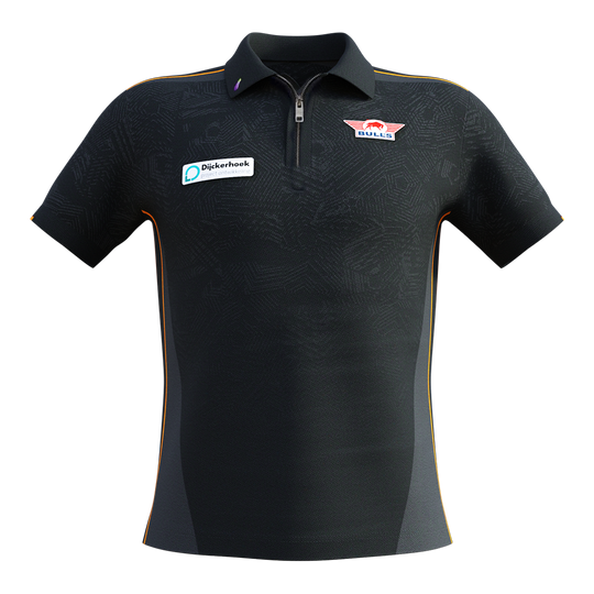 Maglia gara Bulls NL Dirk Van Duijvenbode 2025 Das Bild zeigt ein schwarzes Matchshirt mit kurzen Ärmeln und orangefarbenen Akzenten. Auf der Brust sind das Bulls NL Logo und ein Sponsorenaufnäher zu sehen.