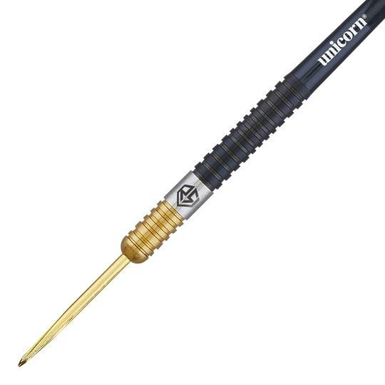 Freccette in acciaio bicolore Unicorn Ross Smith Das Bild zeigt einen Steeldart aus der Unicorn Ross Smith Two-Tone Serie. Der Dart ist zweifarbig mit einem goldenen vorderen Teil und einem schwarzen hinteren Teil gestaltet.