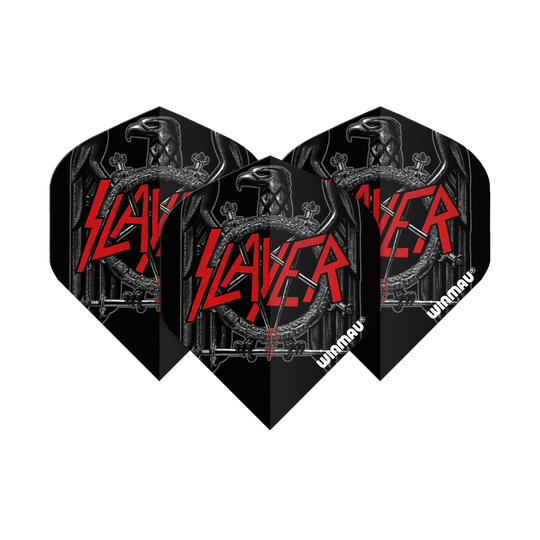 6905-221_Winmau_Rockstar_Legends_Slayer_Black_Eagle_Standard_Flights_1ubmwtJlIoAvVT Das Bild zeigt drei Dartflights mit dem Slayer-Logo und einem schwarzen Adler-Design. Die Flights sind mit "Winmau" beschriftet und haben eine rockige Optik.