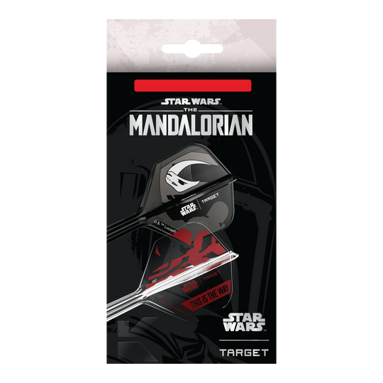 Set Target Star Wars K-Flex Mandalorian No6 Flights Das Bild zeigt das Target Star Wars K-Flex-Set Mandalorian No6 Flights. Das Produkt ist ein Dart-Set mit Mandalorian-Design aus der Star Wars Reihe.