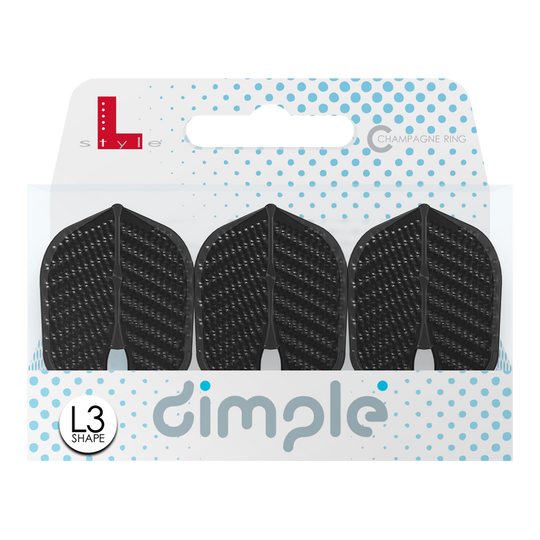 Das Bild zeigt eine Packung mit drei schwarzen L-Style Flights Dimple im L3PRO Shape. Die Verpackung ist weiß mit blauen Punkten und der Aufschrift „dimple“.