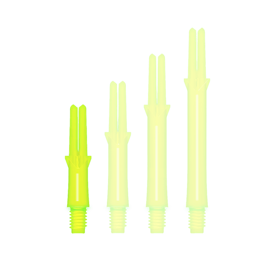 Alberi a L stile L bloccati dritti - Giallo neon Auf dem Bild sind vier neon-gelbe Dart-Schäfte in verschiedenen Längen zu sehen. Sie haben ein gerades Design und ein Schraubgewinde am unteren Ende.