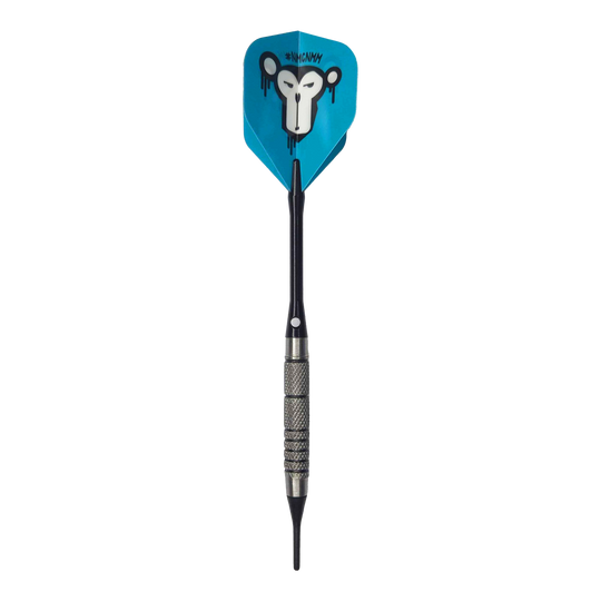 Freccette morbide McDart 85 Tungsten V10 - 17,5 g Der McDart 85er Tungsten V10 Softdart wiegt 17,5 Gramm und hat einen schwarzen, geriffelten Griff. Die blaue Flight zeigt ein Affengesicht mit künstlerischem Design.