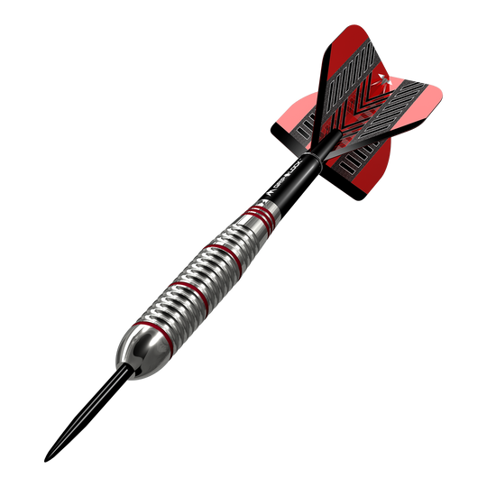 Freccette Mission Rogue in ottone e acciaio - 22 g Das Bild zeigt einen Mission Rogue Brass Steeldart mit einem Gewicht von 22g. Der Dartpfeil hat ein silbernes Griffstück mit roten Akzenten und rote Flights.