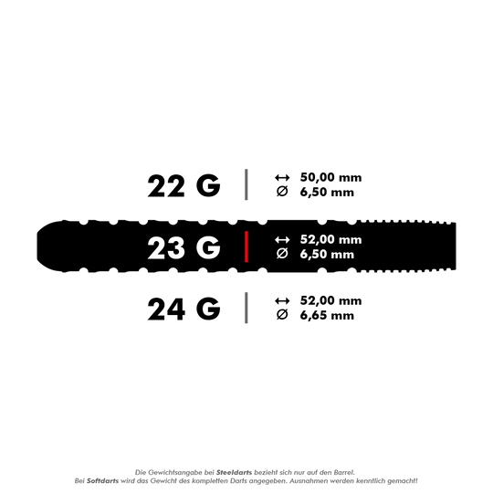 Das Bild zeigt drei verschiedene Dart-Gewichte: 22g, 23g und 24g, jeweils mit ihren Längen und Durchmessern. Die 23g-Variante ist besonders hervorgehoben und misst 52,00 mm Länge bei 6,50 mm Durchmesser.