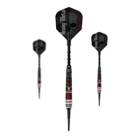 Freccette morbide Ryan Searle Heavy Metal Series 2 di Harrow Das Bild zeigt drei Softdarts der Serie "Harrows Ryan Searle Heavy Metal Series 2". Die Darts haben ein schwarzes Design mit roten und silbernen Akzenten sowie einen Schädel auf dem Schaft.