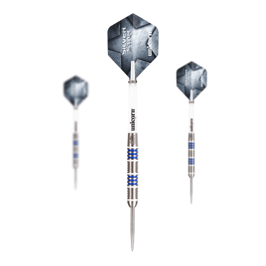 Freccette in acciaio Unicorn Silver Star Var.4 Gary Anderson Abgebildet ist ein Set Unicorn Silver Star Var.4 Gary Anderson Steeldarts. Das Set besteht aus mehreren silbernen Darts mit Flights.