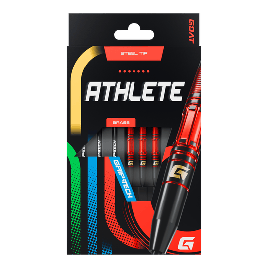 Freccette in acciaio GOAT Athlete in ottone rosso - 11 g Das Bild zeigt die Verpackung der GOAT Athlete Red Brass Steeldarts mit einem Gewicht von 11g. Die Darts haben eine rote und schwarze Farbgebung und verfügen über eine Stahlspitze.