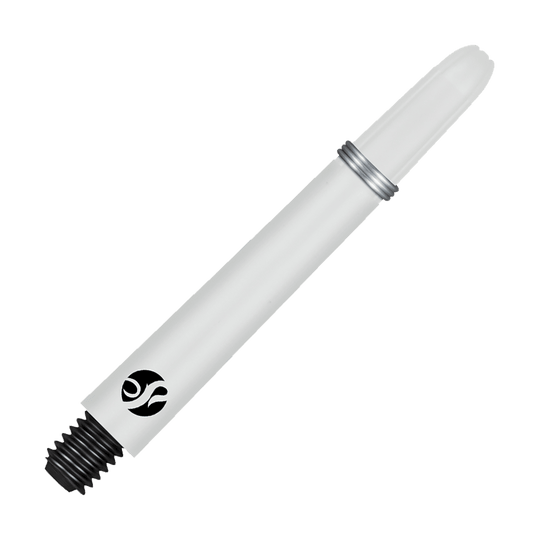 Shot Koi Carbon Shafts - Bianco Das Bild zeigt einen weißen Carbon-Schaft mit einem schwarzen Gewinde und silbernem Ring. Auf dem Schaft ist ein schwarzes Logo zu sehen.