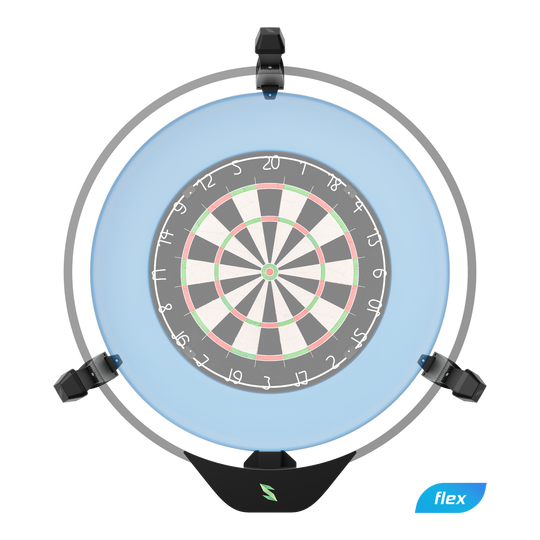 Scolia Home 2 FLEX - Sistema di punteggio automatico elettronico 2026 Das Bild zeigt das Produkt "Scolia Home 2 FLEX - Electronic Score System". Es handelt sich um ein elektronisches Punktesystem für eine Dartscheibe, das von einem runden Rahmen mit blauer Beleuchtung umgeben ist.