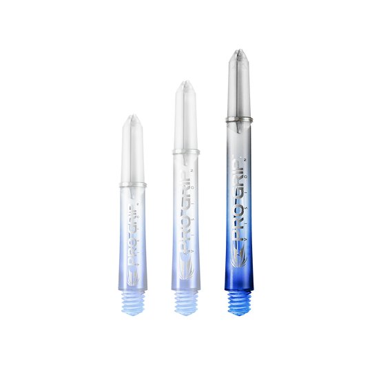 Aste Target Pro Grip Vision - 3 set - Blu Das Bild zeigt drei unterschiedlich lange Dartshafts der Marke "Pro Grip" in Blau. Sie sind unten blau und werden nach oben hin durchsichtig.