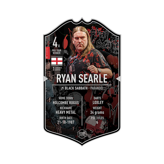 Carta freccette definitiva - Ryan Searle Das Bild zeigt die „Ultimate Darts Card“ von Ryan Searle. Auf der Karte sind Informationen zu seinem Spitznamen, Geburtsdatum, Herkunft und Erfolgen im Dartsport zu sehen.