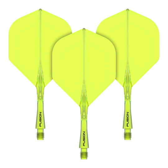 Sistema di alberi di volo Winmau Fusion standard giallo Das Bild zeigt drei gelbe Dartflights mit Schaftsystem. Auf den Schäften steht das Wort "FUSION" geschrieben.