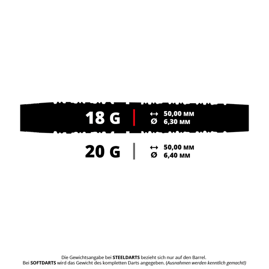 Freccette morbide Damon Heta Series 3 di Harrow Das Bild zeigt zwei verschiedene Dartspezifikationen mit den Gewichten 18 g und 20 g. Die Länge beträgt jeweils 50,00 mm, der Durchmesser ist 6,30 mm bei 18 g und 6,40 mm bei 20 g.