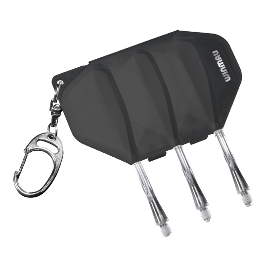 Custodia da volo Winmau Fusion - nera trasparente Das Bild zeigt das Winmau Fusion Flightcase in der Farbe Clear Black. Es besitzt einen Schlüsselanhänger und Platz für Darts-Flights und -Shafts.